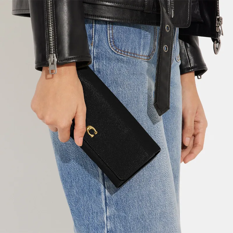 COACH Trifold Wallet Cross-Stitch Leather Wallet Women's Black-2