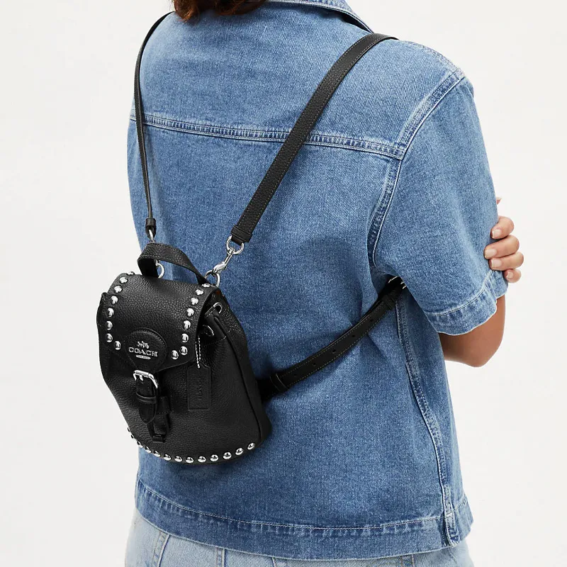 COACH Amelia High-Quality Pebbled Leather Portable One Shoulder Crossbody Backpack Small Size Women's Black-3