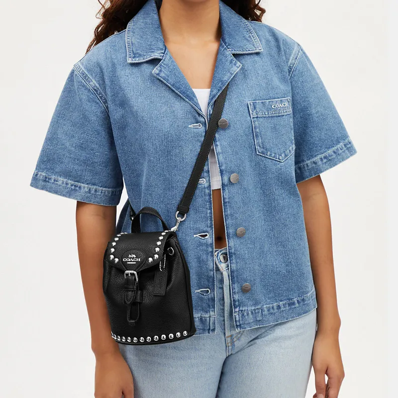 COACH Amelia High-Quality Pebbled Leather Portable One Shoulder Crossbody Backpack Small Size Women's Black-4
