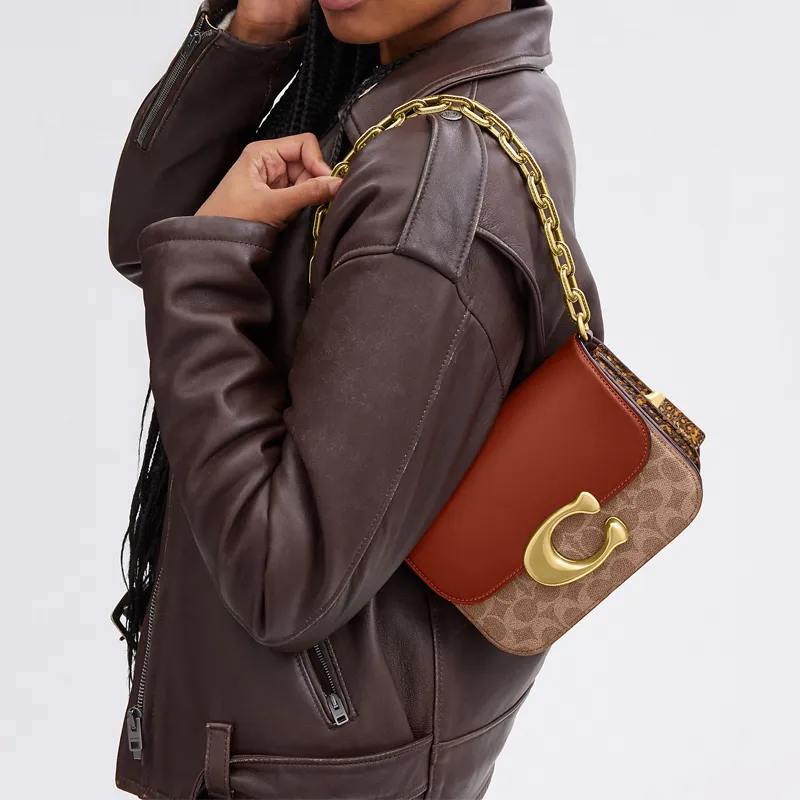 COACH Canvas With Leather And Snake Skin Messenger Bag Crossbody Bag Shoulder Bag Women's Brown & Red-5