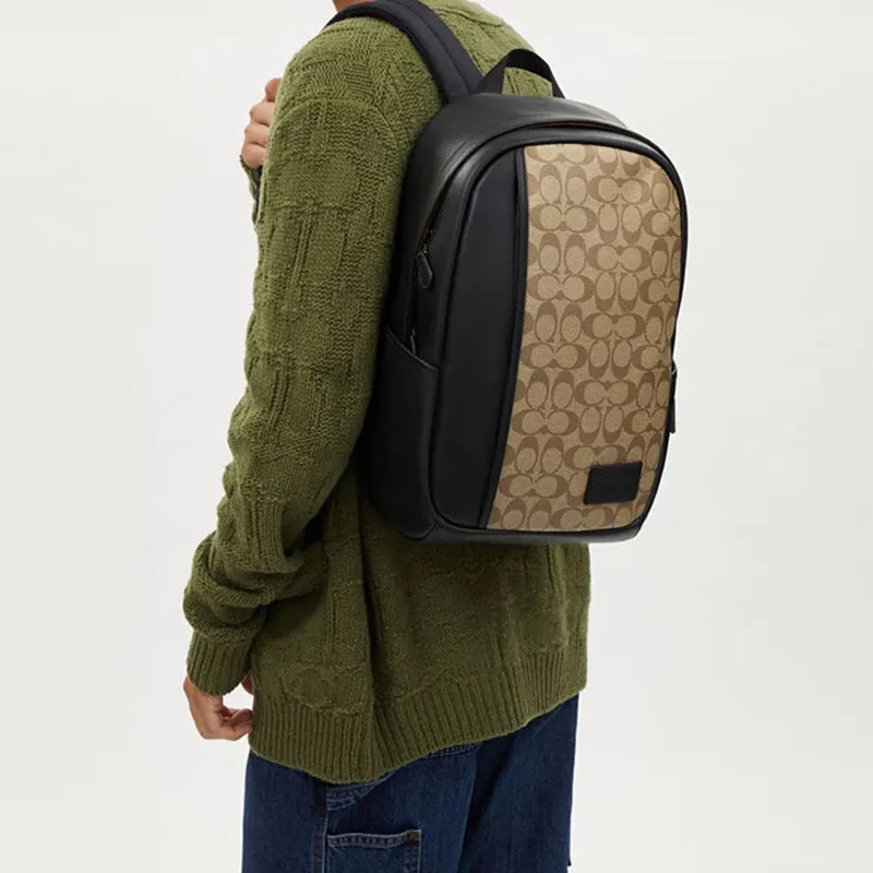 COACH Edge Canvas With Leather Backpack Large Size Men's Khaki & Black-3