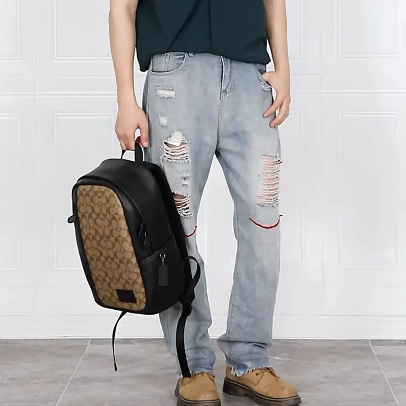 COACH Edge Canvas With Leather Backpack Large Size Men's Khaki & Black-4