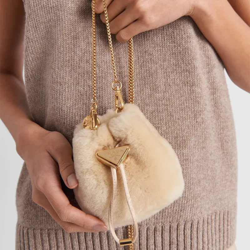 PRADA Shearling One Shoulder Crossbody Clutches Mini Women's Light Brown-5