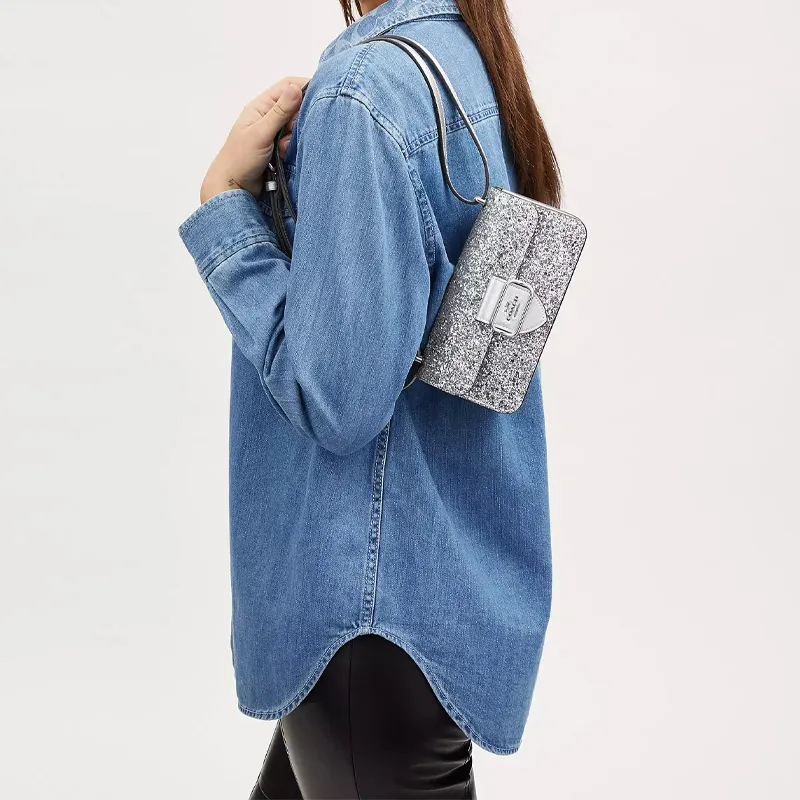 COACH Morgan Fabric Cow Leather Patchwork Small Square Bag Handbag Shoulder Bag Crossbody Bag Small Size Women's Silver-5