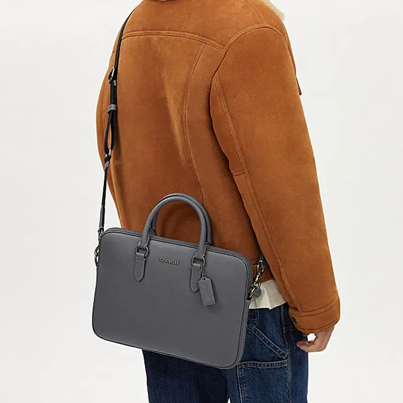COACH Split Cow Leather Portable One Shoulder Crossbody Briefcase Tubas Men's Industrial Gray-3