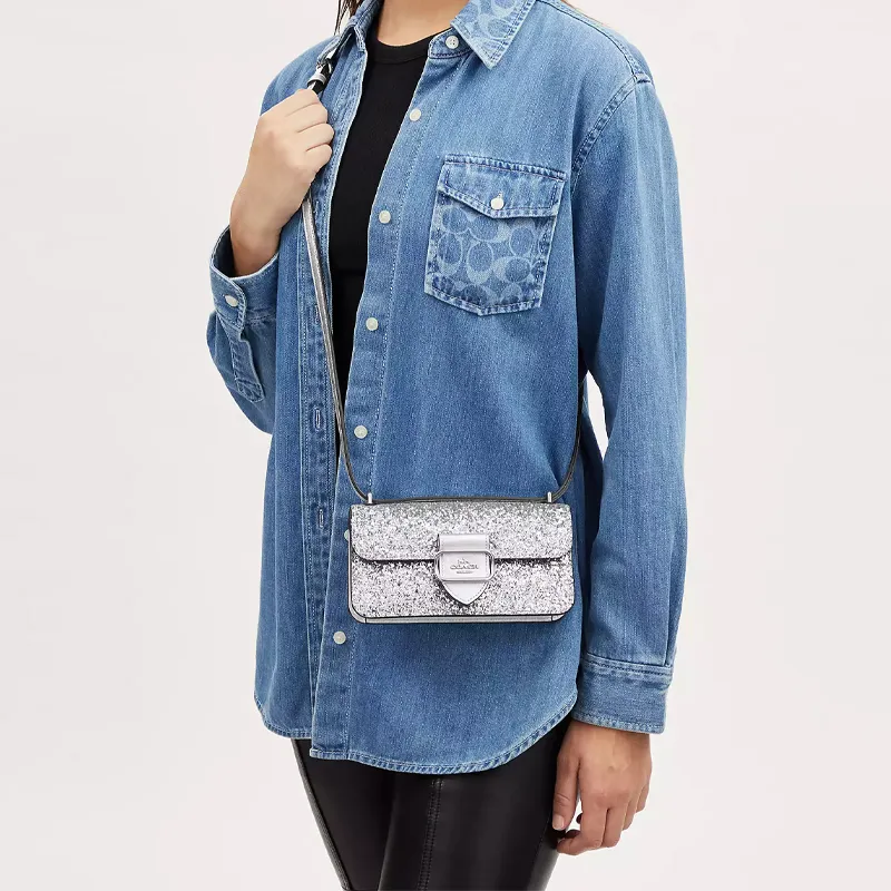 COACH Morgan Fabric Cow Leather Patchwork Small Square Bag Handbag Shoulder Bag Crossbody Bag Small Size Women's Silver-3