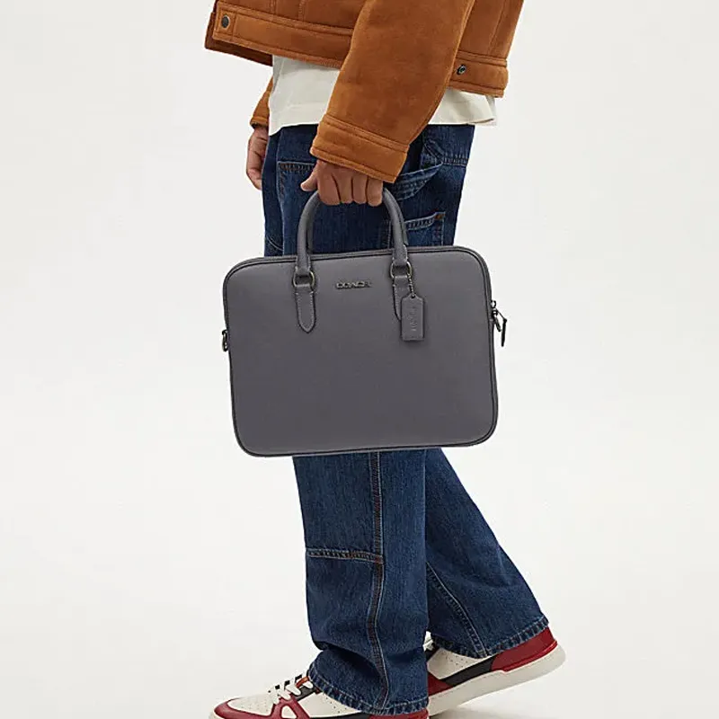 COACH Split Cow Leather Portable One Shoulder Crossbody Briefcase Tubas Men's Industrial Gray-4