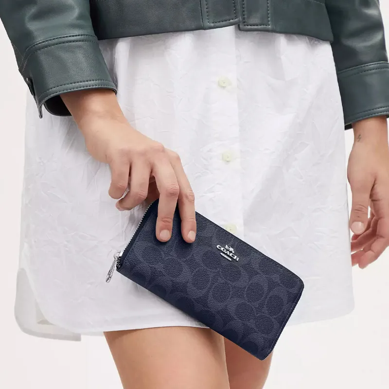 COACH Zip Around Coated Canvas With Smooth Leather Handheld Wallet Small Size Unisex Midnight Navy-4