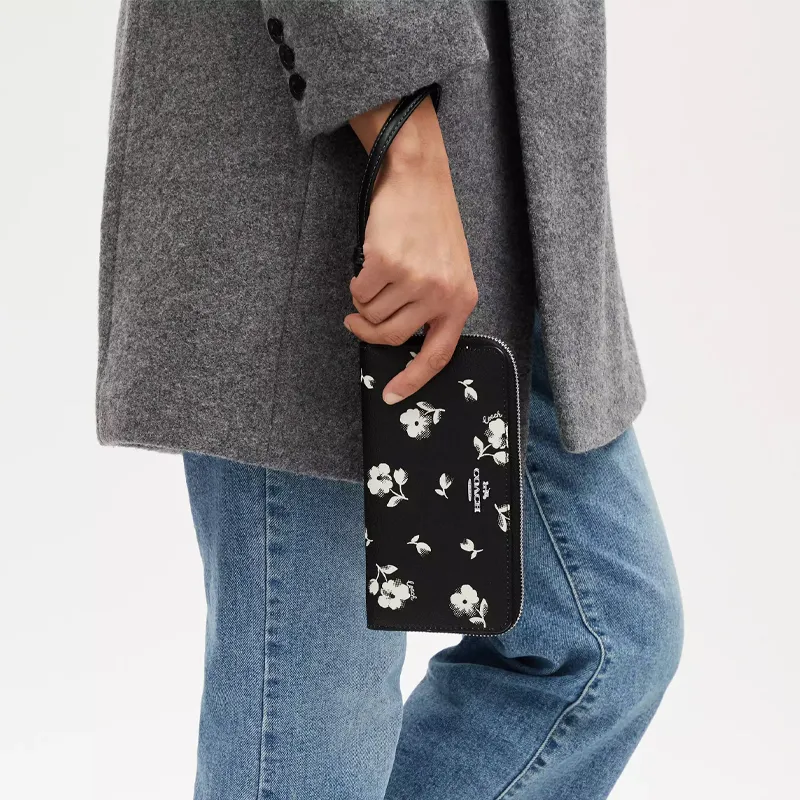 COACH Zip Around Coated Canvas With Smooth Leather Handheld Wallet Small Size Women's Black & Multicolor-2