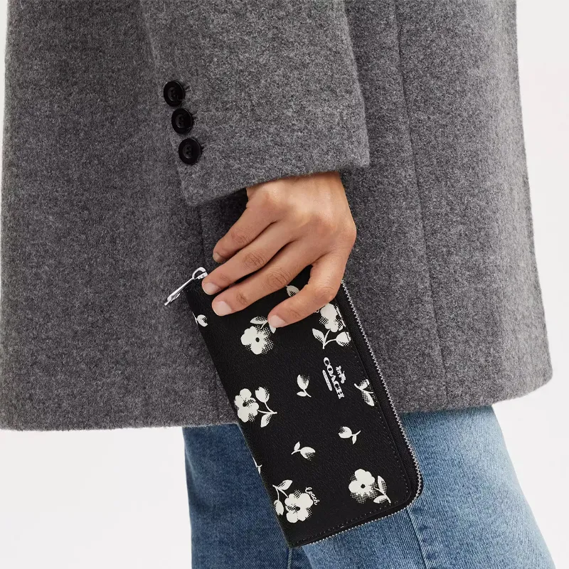 COACH Zip Around Coated Canvas With Smooth Leather Handheld Wallet Small Size Women's Black & Multicolor-3