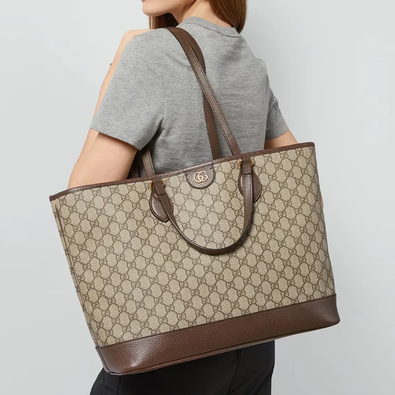 GUCCI Ophidia Canvas With Leather Tote Bag, Shopping Bag, Shoulder Bag, Handbag Medium Size Women's Beige & Ebony-9