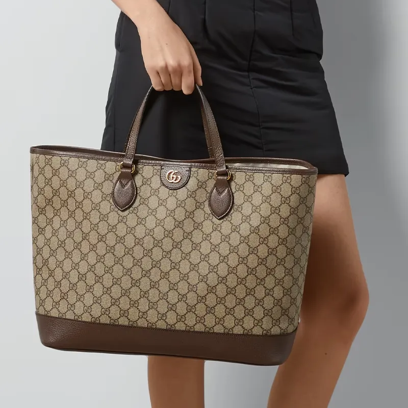 GUCCI Ophidia Canvas With Leather Tote Bag, Shopping Bag, Shoulder Bag, Handbag Medium Size Women's Beige & Ebony-10