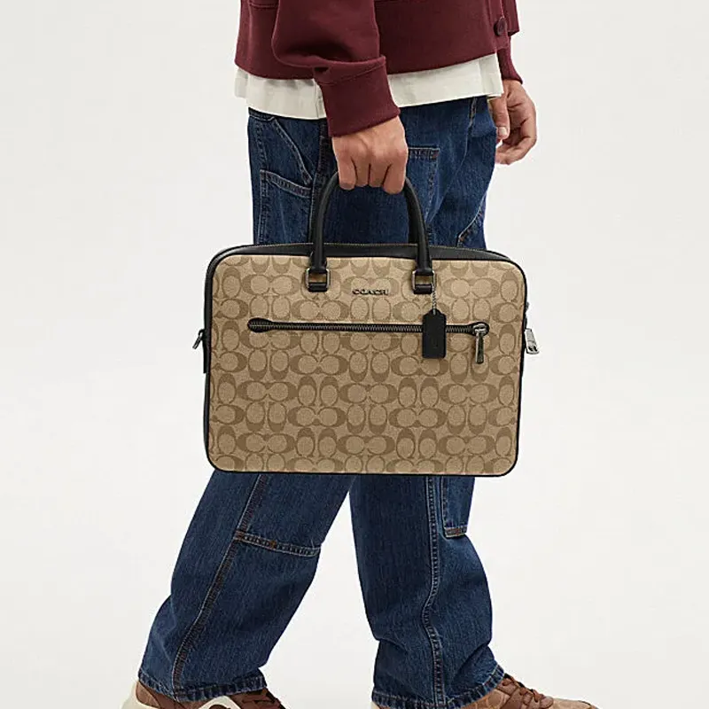 COACH ETHAN PVC Portable One Shoulder Crossbody Briefcases Large Size Men's Bronze Hardware & Khaki & Black-4