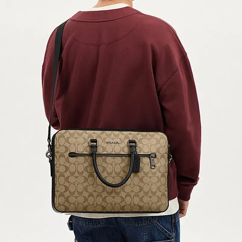 COACH ETHAN PVC Portable One Shoulder Crossbody Briefcases Large Size Men's Bronze Hardware & Khaki & Black-3