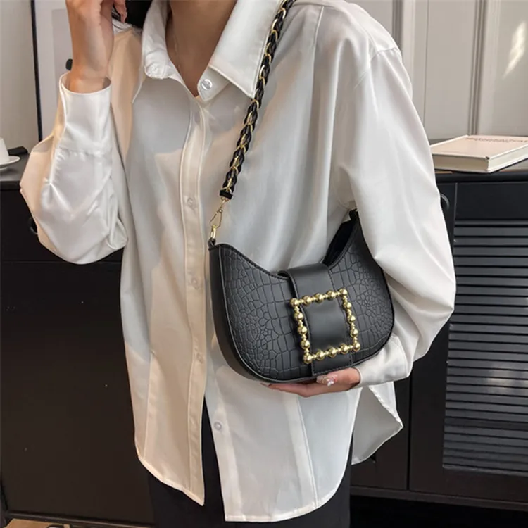 Dusen Kangaroo PU Shoulder Bag, Crossbody Bag Medium Size Women's Black/White-4