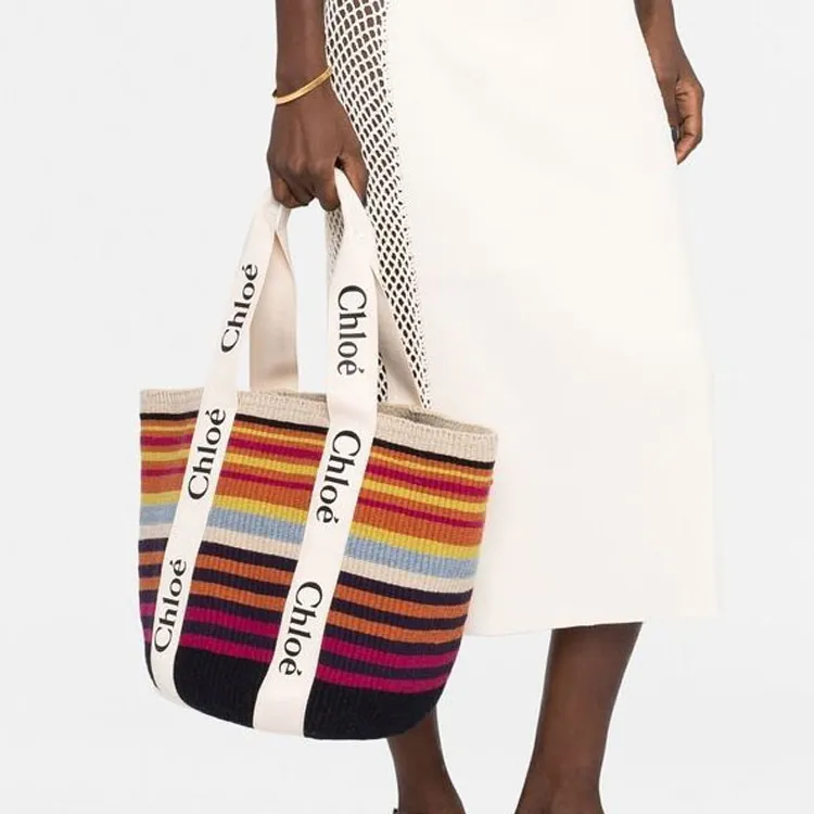 Chloe Woody Wool Blend With Calfskin Detail Tote Bag Shopping Bag Shoulder Bag Handbag Large Size Women's Multicolor-7
