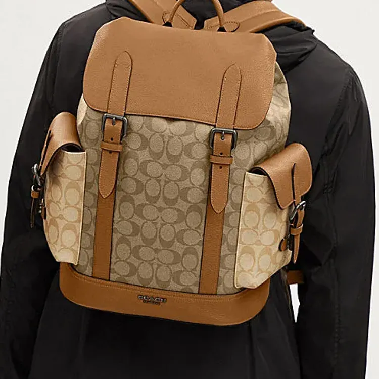 COACH Hudson Artificial Leather Cow Leather Patchwork Backpack Large Size Men's Light Saddle Brown-3