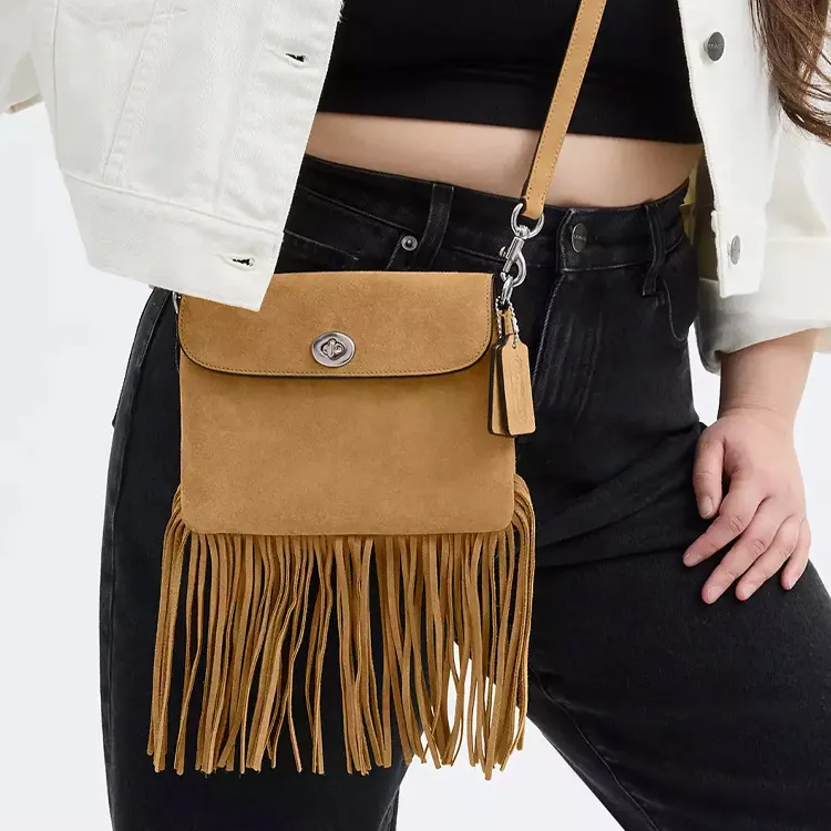 COACH 1964 Fringe Suede Tassel Bag Shoulder Bag Women's Silver & Peanut Butter-6