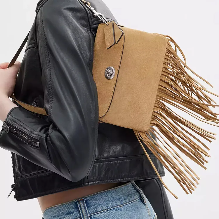 COACH 1964 Fringe Suede Tassel Bag Shoulder Bag Women's Silver & Peanut Butter-5