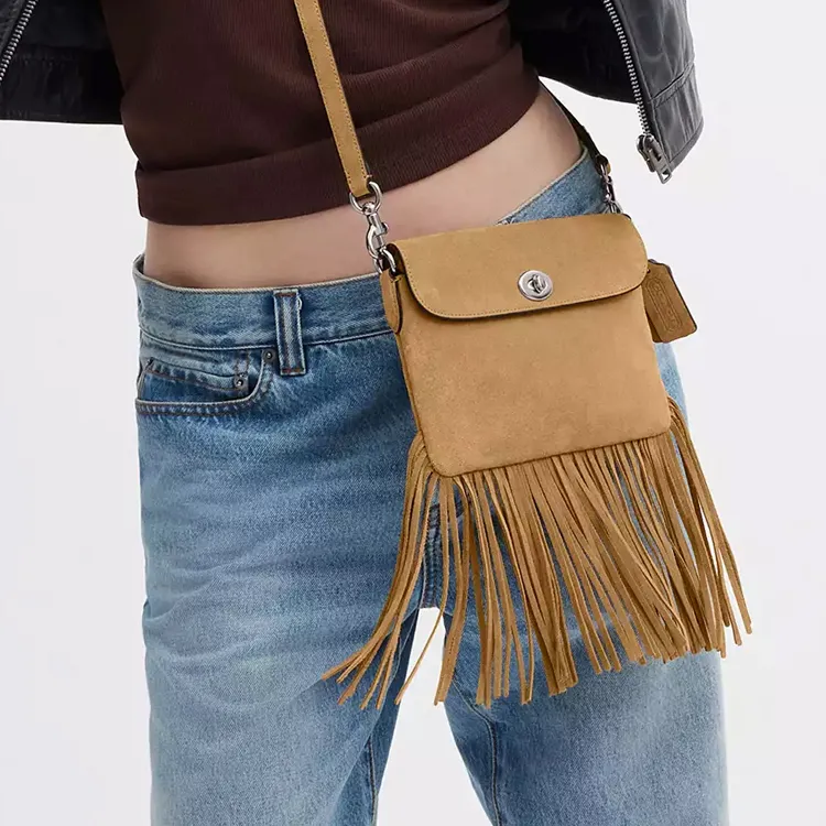 COACH 1964 Fringe Suede Tassel Bag Shoulder Bag Women's Silver & Peanut Butter-7