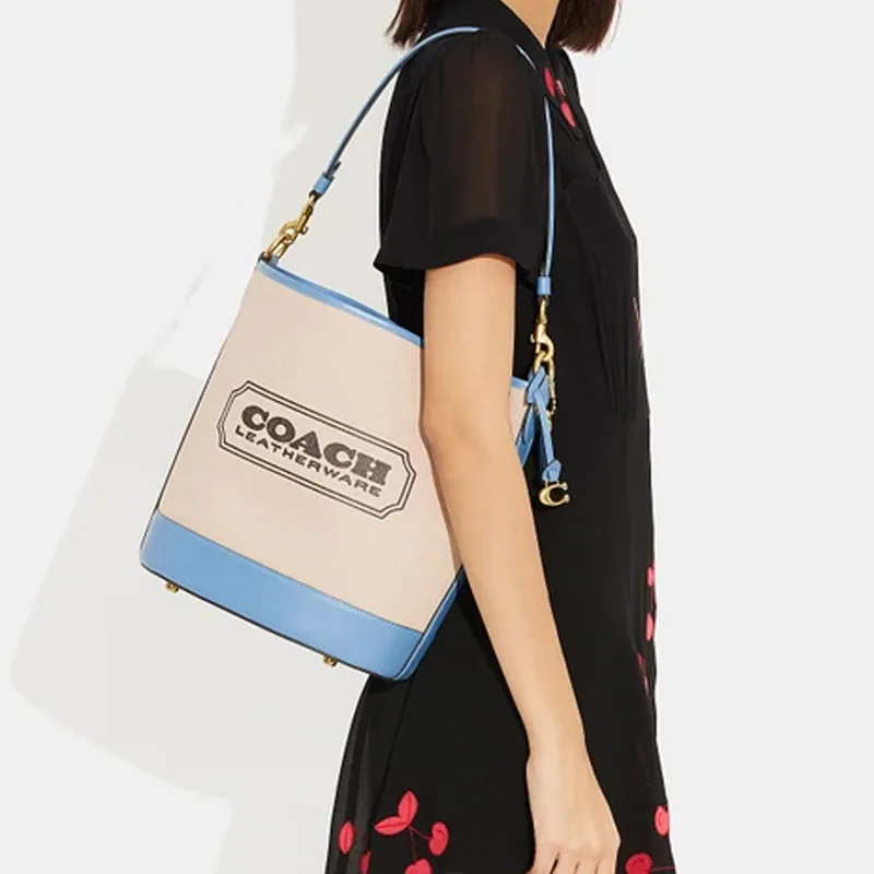 COACH Canvas With Calfskin Canvas Bag, Bucket Bag, Handbag, Shoulder Bag, Crossbody Bag Women's Beige & Blue-4