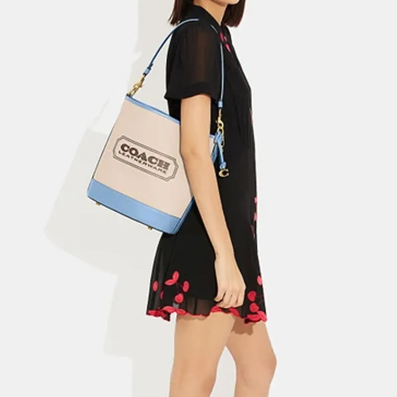 COACH Canvas With Calfskin Canvas Bag, Bucket Bag, Handbag, Shoulder Bag, Crossbody Bag Women's Beige & Blue-3