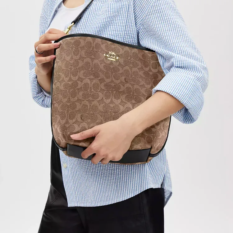 COACH City Signature Canvas Bucket Bags Shoulder Bag Crossbody Bag Handbag Large Size Women's Tan & Black-4