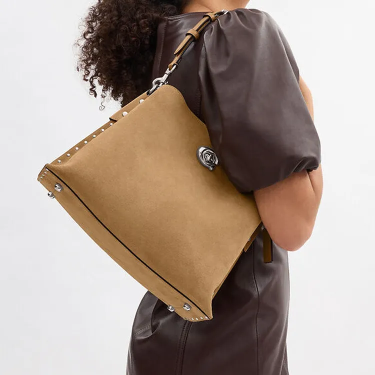 COACH Willow Suede With Refined Calfskin Shoulder Bag, Crossbody Bag, Handbag Large Size Women's Peanut-5