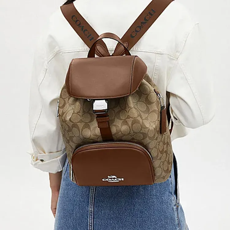 COACH Pacer Artificial Leather Cow Leather Patchwork Backpack Large Size Women's Khaki-3