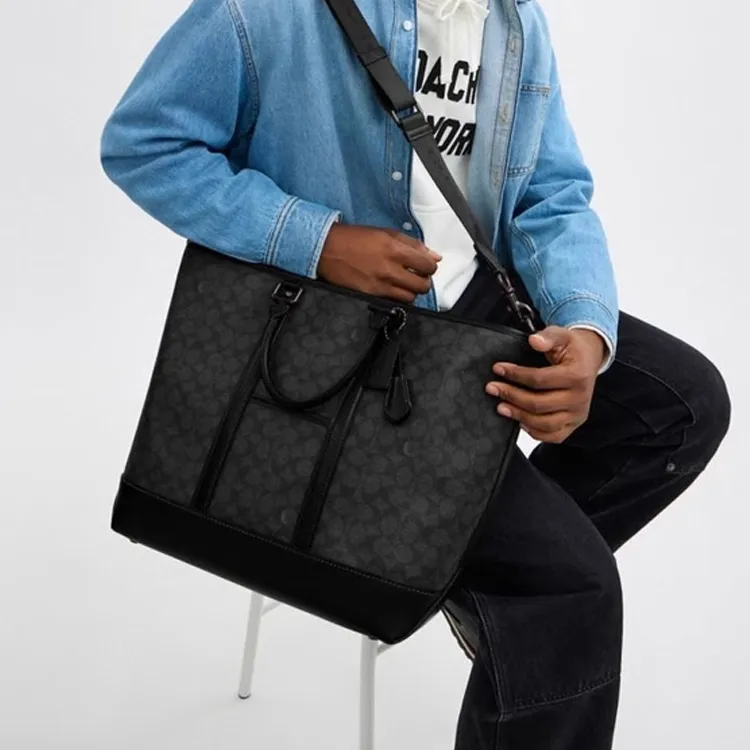 COACH Artificial Leather Tote Bag Shopping Bag One Shoulder Handbag Large Size Men's Charcoal Gray-4
