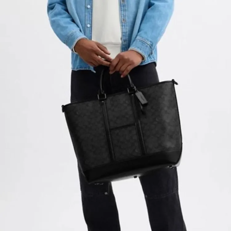 COACH Artificial Leather Tote Bag Shopping Bag One Shoulder Handbag Large Size Men's Charcoal Gray-5