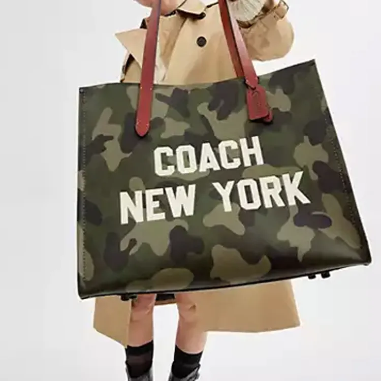 COACH Relay Leather Handbag Large Size Unisex Camouflage Green-4