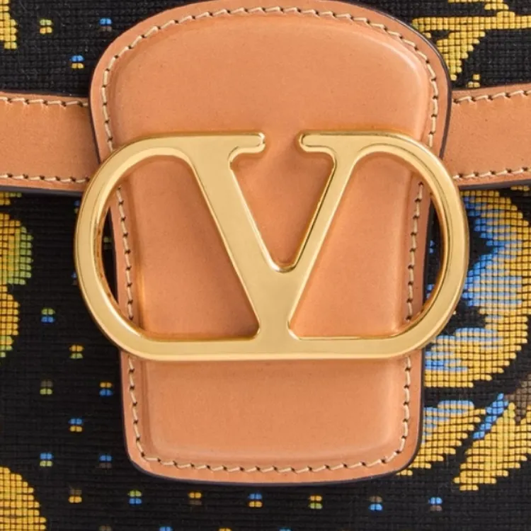 Valentino Fabric Shoulder Bag Medium Size Women's Multicolor & Natural Camel-4