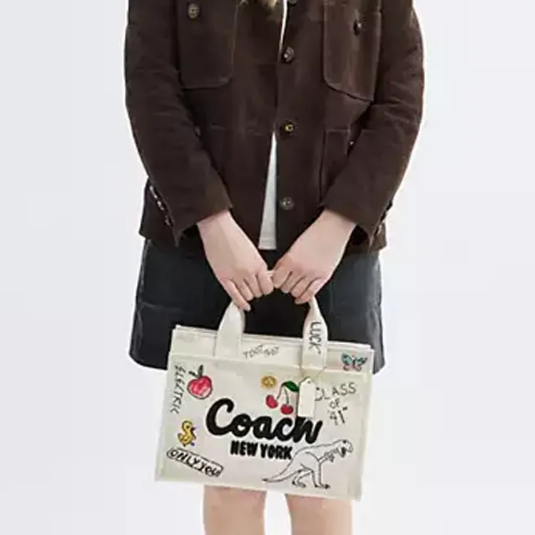 COACH Canvas Bag Tote Bag Shopping Bag Handbag Large Size Women's Light Beige-4
