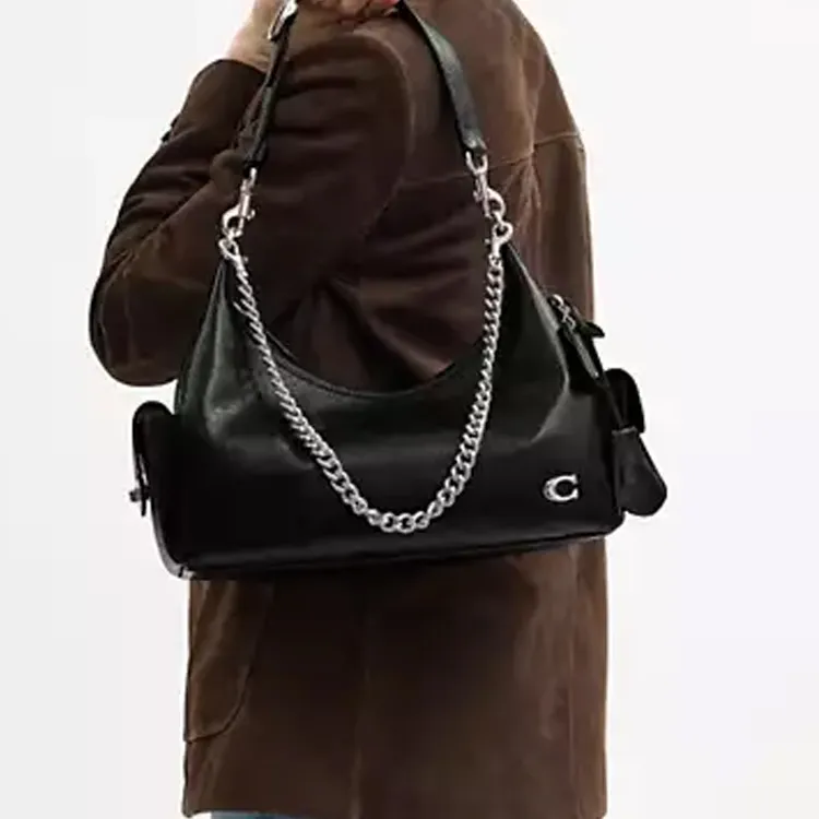 COACH PocketJuliet Leather Biker Bag, Shoulder Bag Large Size Women's Black-6