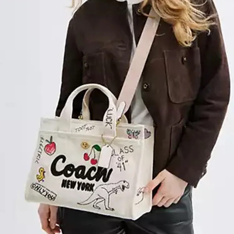 COACH Canvas Bag Tote Bag Shopping Bag Handbag Large Size Women's Light Beige-5