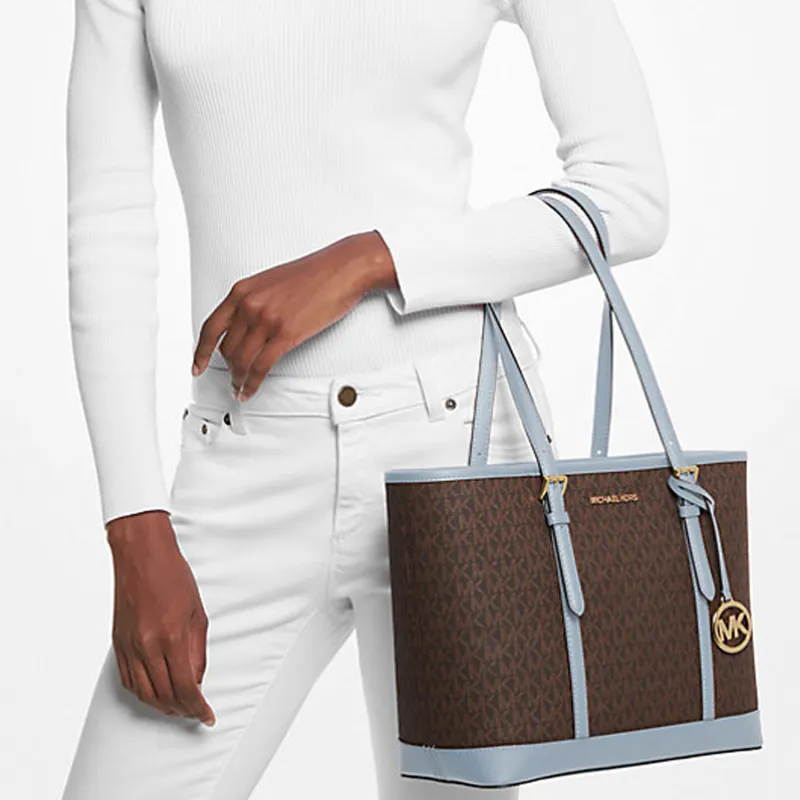 MICHAEL KORS Jet Set Travel Coated Canvas Tote Bag Shopping Bag Handbag Shoulder Bag Small Size Women's Brown & Blue-2