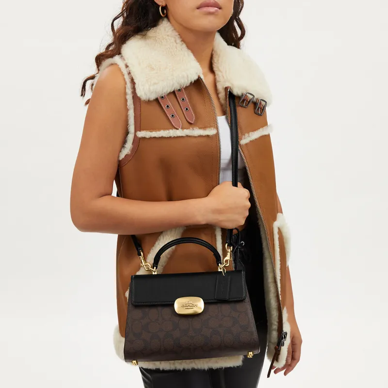 COACH Eliza Canvas With Leather Kelly Bag, Shoulder Bag, Crossbody Bag, Handbag Tubas Women's Brown Black-3
