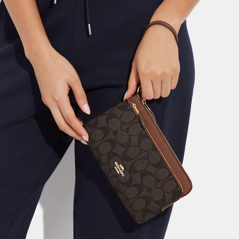 COACH Double Zip Wallet Canvas With Leather Coin Purse Wrist Bag Wallet Women's Black & Brown-4