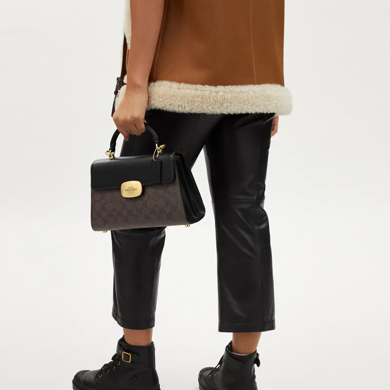 COACH Eliza Canvas With Leather Kelly Bag, Shoulder Bag, Crossbody Bag, Handbag Tubas Women's Brown Black-4