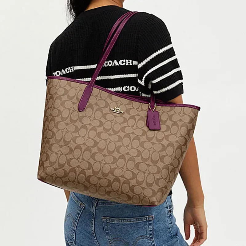 COACH City Artificial Leather Tote Bag Portable Crossbody Bag Shoulder Bag Large Size Women's Khaki Deep Berry Red-6