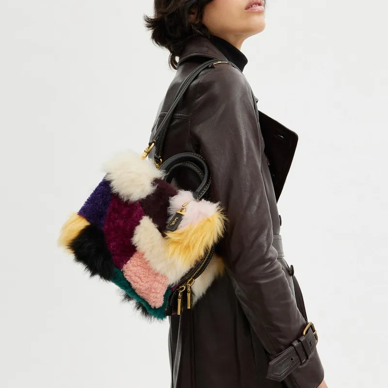 COACH Rogue Shearling Leather Tote Bag Shopping Bag Handbags Small Size Women's Multicolor-5