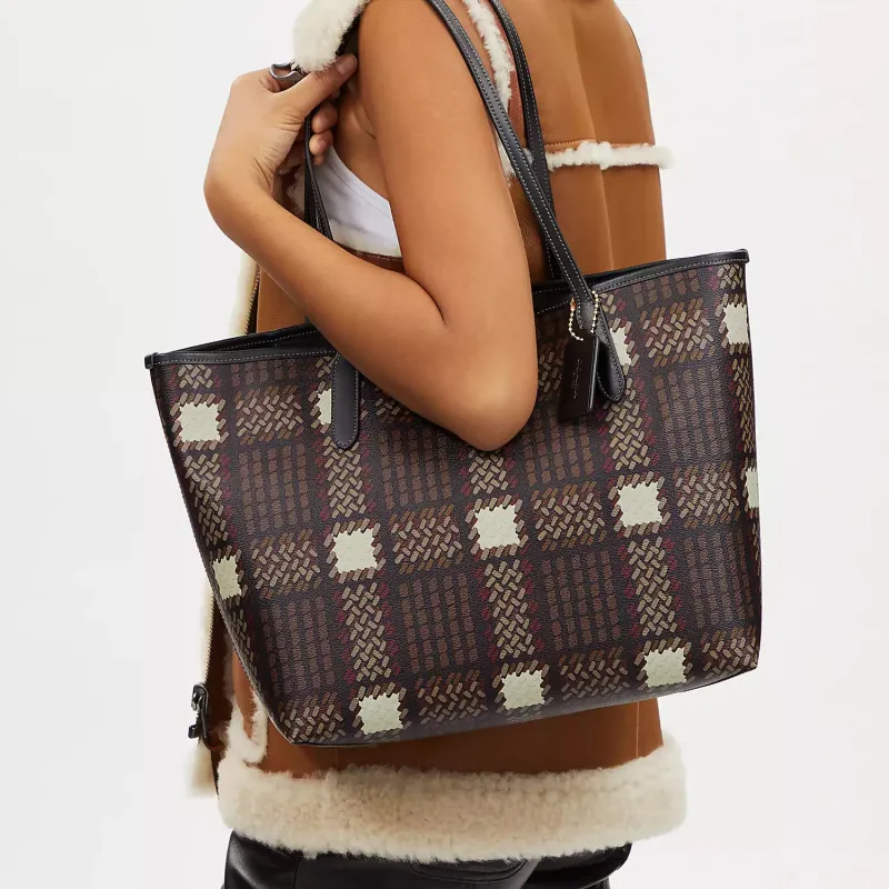 COACH City Canvas With Leather Tote Bag Shopping Bag Handbag Shoulder Bag Women's Brown-3