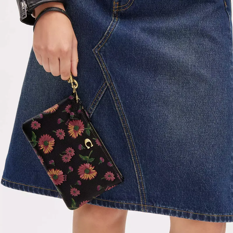 COACH Wristlet Polished Pebbled Leather Wrist Bags Clutches Small Size Women's Black-3