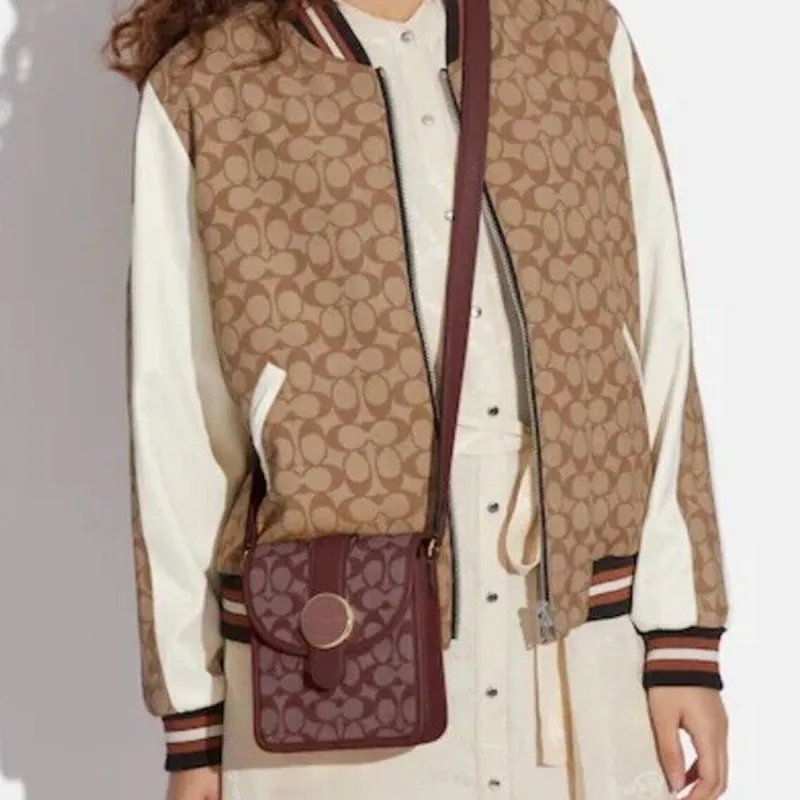 COACH Lonnie Jacquard Fabric With Pebbled Leather Shoulder Bag, Crossbody Bag Mini Women's Burgundy-5