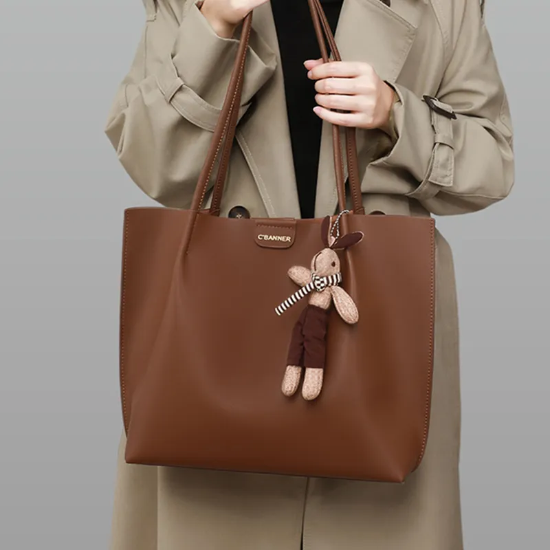 C°BANNER Split Cow Leather With Synthetic Leather Tote Bag, Shopping Bag, Shoulder Bag Women's Coffee-1