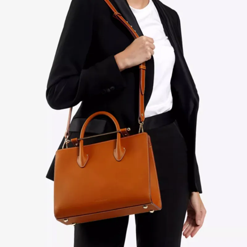 Strathberry Cow Leather Tote Bag Shopping Bag Portable Crossbody Bag Shoulder Bag Large Size Women's Caramel-4
