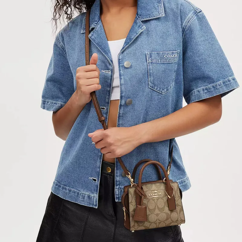 COACH Coated Canvas With Smooth Leather Tote Bag Shopping Bag Handbag Mini Women's Khaki-3