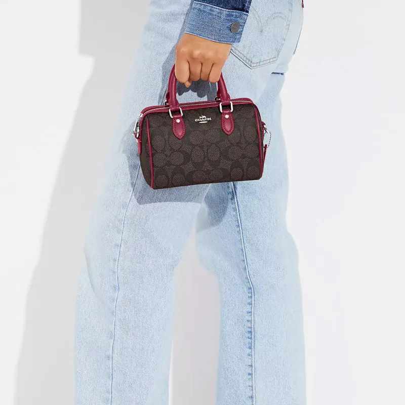 COACH Rowan Coated Canvas With Smooth Leather Handbag, Shoulder Bag, Crossbody Bag Mini Women's Coffee & Purple-4