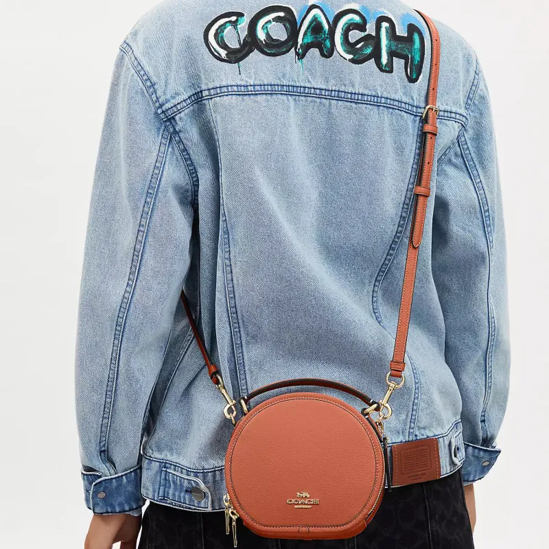 COACH Canteen High-Quality Pebbled Leather Handbag Shoulder Bag Crossbody Bag Small Size Women's Sunset Brown-3